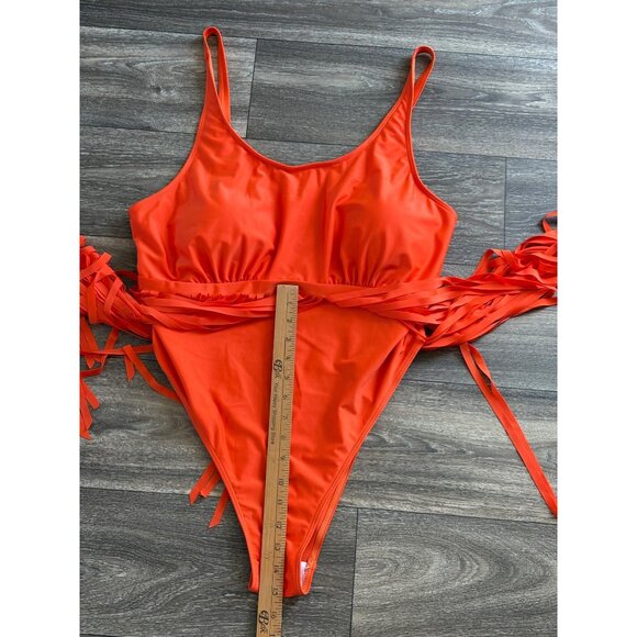 NWOT WOMENS PLUS SIZE BATHING SWIMSUIT ORANGE TIERED FRINGE PADDED 3XL - Picture 3 of 7